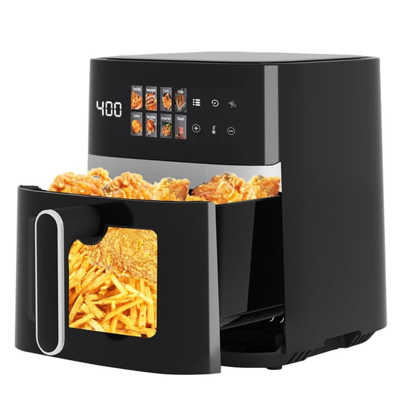 Pentantan Friteuse à Air Chaud 6 Qt avec Fenêtre Visible, Four Électrique 8-en-1 avec Écran Tactile DEL Numérique, 1500 W, Noir