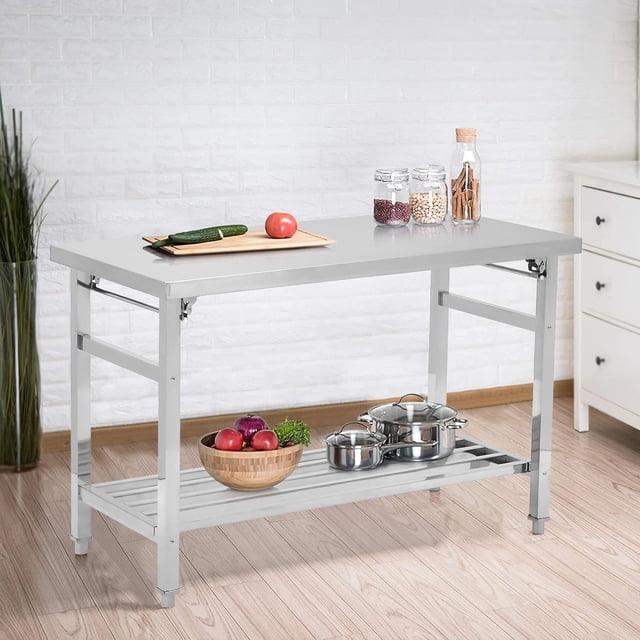 Kojooin Table de Préparation Pliante en Acier Inoxydable Robuste, Table de Travail Commerciale à Deux Niveaux avec Tablette Inférieure Ajustable