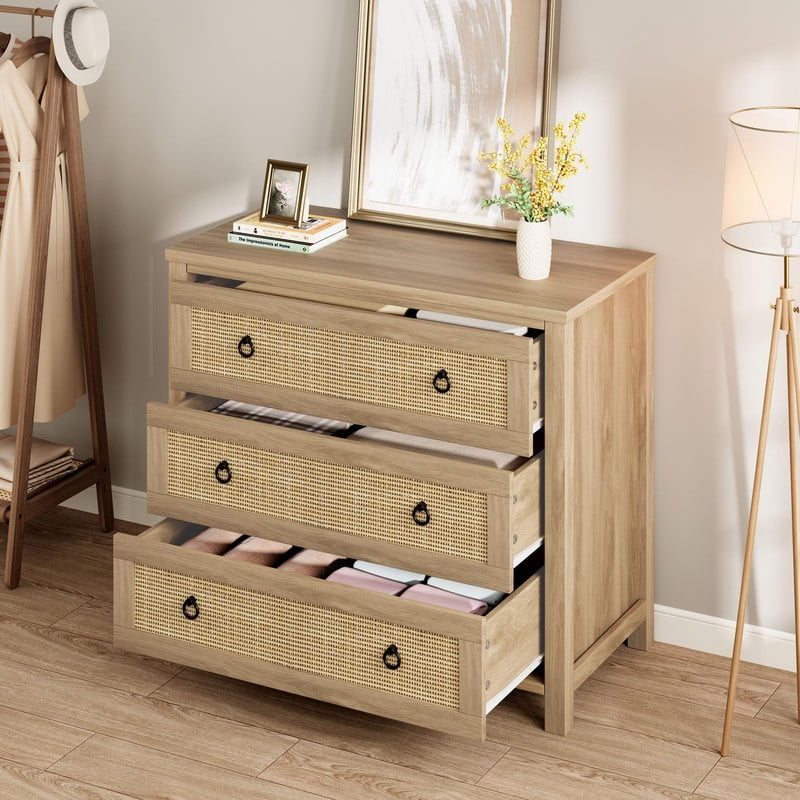 Rattan Dresser for Bedroom – 29" Tall Chest with 3 Drawers, Clothes Storage Cabinet and Drawer Organizer for Living Room, Hallway, or Closet