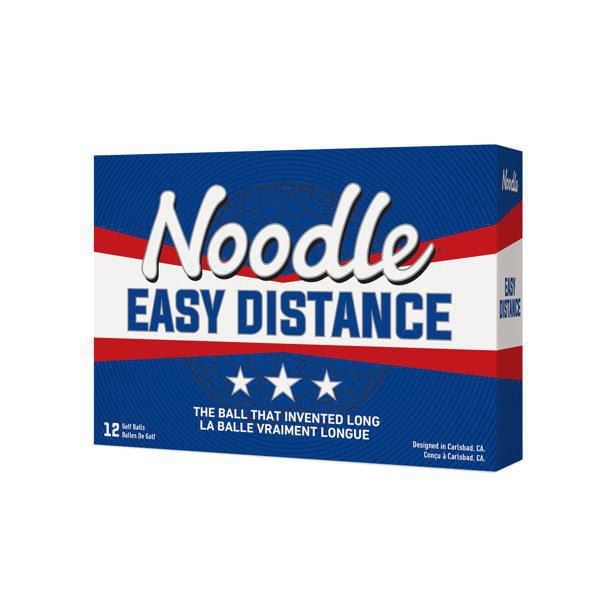 Noodle Easy Distance Golf Ball 12-pack box with blue, white, and red design featuring bold text, three stars, and bilingual slogan 'The Ball That Invented Long / La Balle Vraiment Longue', designed in Carlsbad, CA, highlighting durable distance golf balls for improved performance.