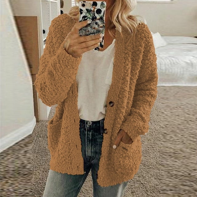 TIMIFIS Women’s Open Front Fleece Cardigan Button Long Sleeve Open Knitted Fleece Cardigan Outwear Sweater Coat Spring Fall Jackets Outerwear-CoffeeFall/Winter