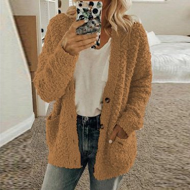 TIMIFIS Cardigan en Molleton à devant Ouvert pour Femmes, Boutonné, Manches Longues, Cardigan en Tricot Polaire Ouvert, Manteau Chandail, Vestes de Printemps Automne, Vêtements d'Extérieur - Café Automne/hiver