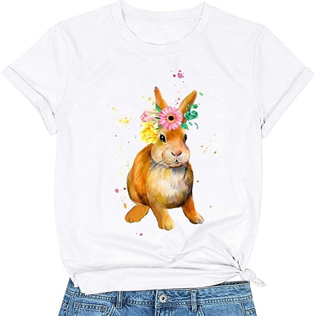 Hauts d'Été Grande Taille pour Femmes Manches Courtes Motif Imprimé Lapin de Pâques Manches Courtes Col Rond T-Shirt Ample Col en V T-Shirt Femmes en Liquidation