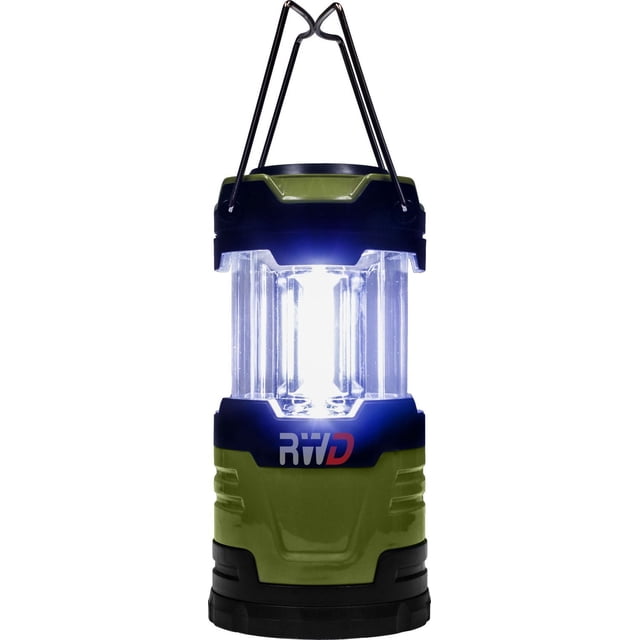 RWD Tak-Lite 500 C.O.B. Lantern with 3 super bright C.O.B. bulbs producing 500 lumens, collapsible on/off function, durable olive green and black ABS housing, metal carry and hanging handles, powered by 4 AA batteries, suitable for camping and outdoor use.