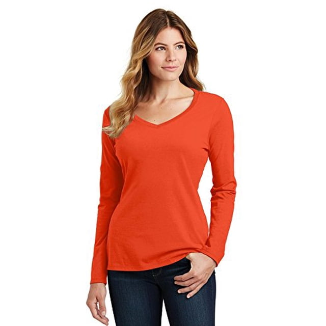 Port 1135852 Ladies Long Sleeve Fan Favorite V-Neck Tee, Orange - Small