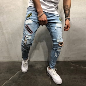EGNMCR Jeans pour hommes, Men's Elastic Waist Loose Fit Denim Pantalons, Mens Tir sur Jeans Pantalon de poche à trou droit pour hommes Pantalonnes dérangées Hommes PantalON