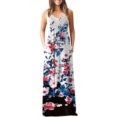 EGNMCR Robes d'Été Femmes Tendance 2024 Femmes Décontracté Grande Taille Imprimé Poches Sans Manches Maxi Longue Robe