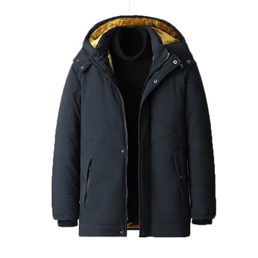 WRKEKC Men's Winter Solid Color Cotton Hooded Coat with Pockets, Warm Insulated Jacket for Cold Weather Navy XL