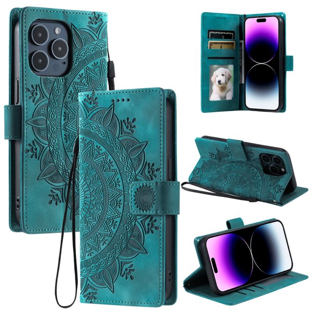 Flip Case for iPhone 16 Pro Max , Totem Embossed Flowers Premium PU Leather Wallet Folio Cover with Card Holder Kickstand Compatible with iPhone 16 Pro Max - Green