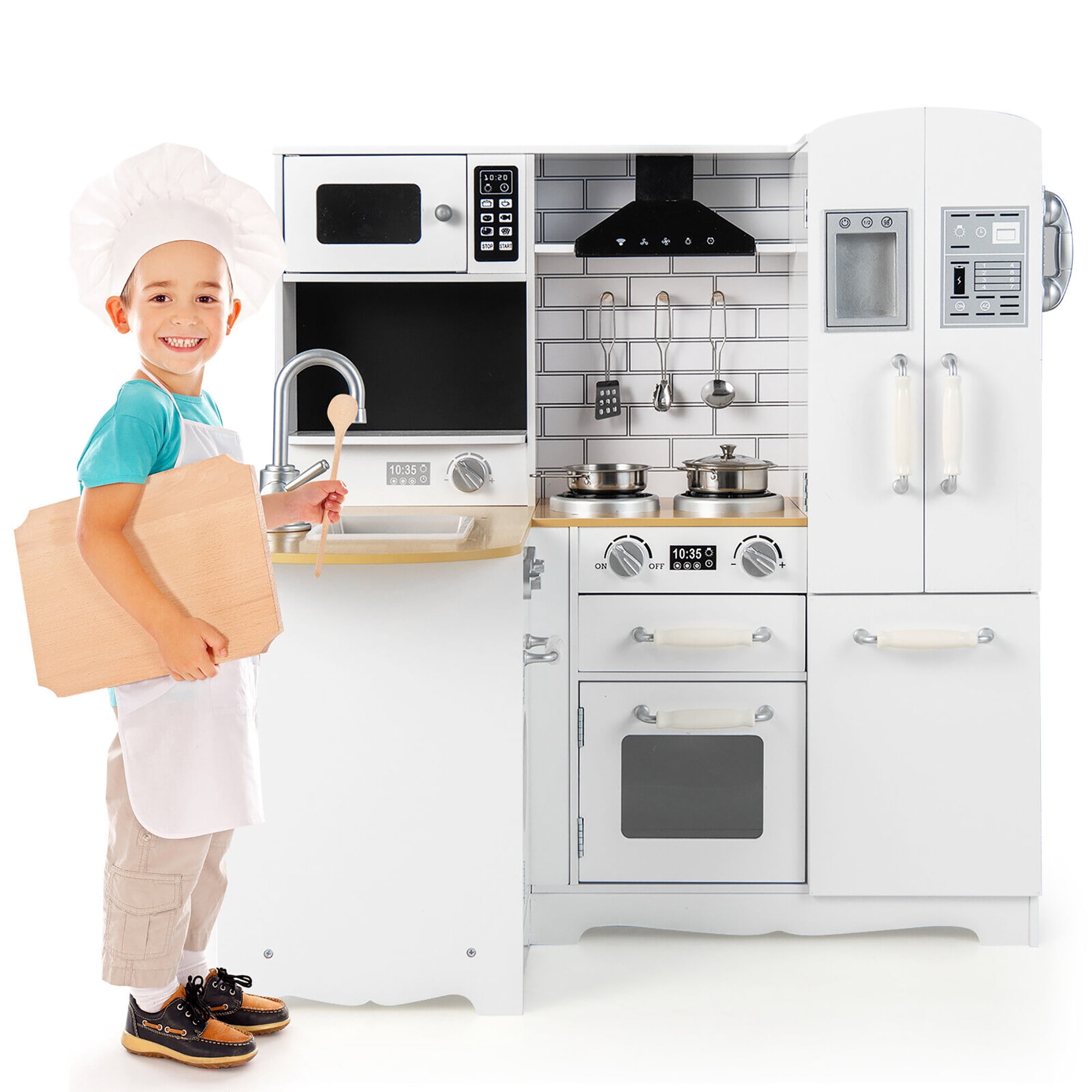 Gymax Kid's Corner Kitchen Playset Wooden Pretend Kitchen Play Toy Set w/ Sound Effect