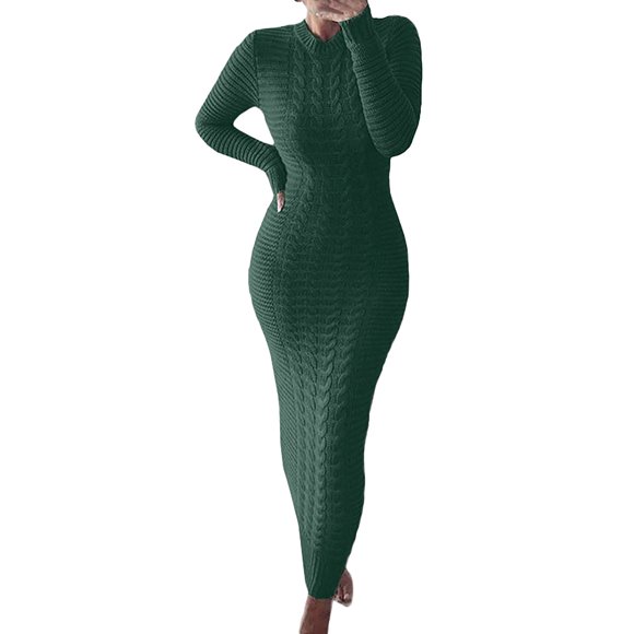 WTXUE Long Sleeve Dress, Autumn and Winter Sweater Long Sleeved Woolen Dress, Linen Dress, Green Dress, Green M