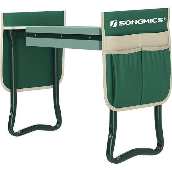 SONGMICS Genoux et Siège de Jardin, Banc Tabouret de Jardin Multifonction, Cadeaux de Jardinage, 2 Sacs à Outils, Coussin à Genoux de 20 cm de Large, Vert Foncé