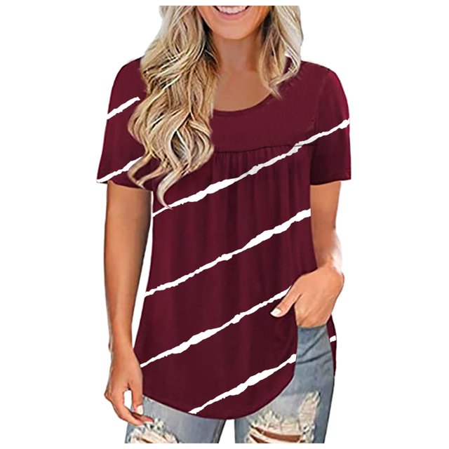 Pompotops Mode Femmes Dentelle Patchwork Imprimé Manches Courtes Col Rond Hauts Décontractés Blouse