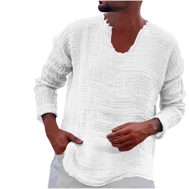 Yuyuzo Long Sleeve Shirts for Men Spring Fall Loose Casual V Neck Lightweight Solid Color Tee Tops