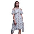 thumbnail image 1 of Bimba Robe Midi à Manches Volantées pour Femmes, Tunique Évasée à Épaules Dénudées à Imprimé d'Oiseaux Bleus - Moyen, 1 of 6