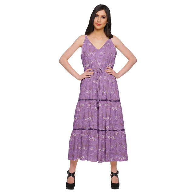 Moomaya Robe Longue maxi en Coton à Col en V Sans Manches à Bretelles Spaghetti Vêtements Décontractés