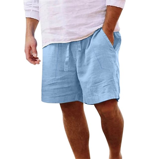 Men's Cotton Linen Casual Classic Fit 11 Inch Inseam Elastic Waist Shorts with Drawstring