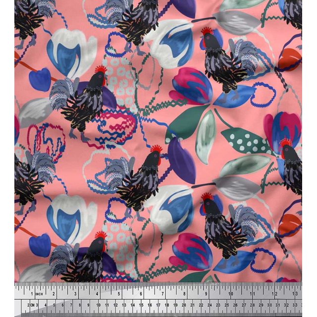 Soimoi Poly Georgette Fabric Floral & Cock Watercolor Printed Fabric 1 Yard 52 Inch Wide