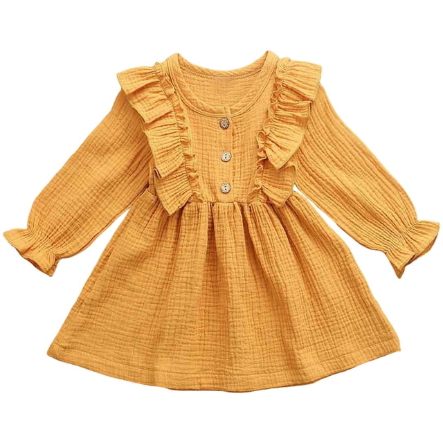 Splozh Flower Girls Dress Toddler Kids Baby Girl Solid Linen Button Ruffle Party Dress Clothes Yellow,2-3 Years