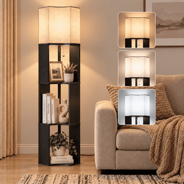 OUTON Floor Lamp with Shelves, Modern 3-Tier Storage Shelf Floor Lamp ...