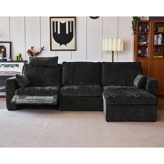 BEDEEP 125'' Power Recliner Sofa with Headrest, Moduar Cloud Sectional Chenille Reclining Couch with Storage Ottoman Chaise, Convertible 4-Seater Sofa Couch for Living Room RV, Black