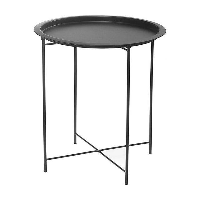 Metal Black Round Coffee Table featuring a raised edge round top supported by four slim metal legs connected with crossbars for stability, finished in matte black. Suitable for living room or outdoor use and often used as a compact side table.