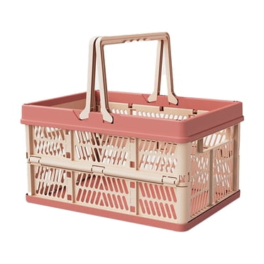 AHMT Foldable Storage Baskets, Outdoor Picnic Basket Supermarket Snack Shopping Basket, Collapsible PP Crates with Handles, Strong and Portable for Home Organization, Picnic and Shopping(Pink)