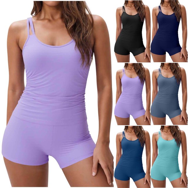 UPPADA Womens Two Piece Tankini Set Solid Spaghetti Straps Swimsuits with Brief Tummy Control Modest Bathing Suits Full Coverage 2 Piece Beachwear Sport Swimsuits for Women Purple,Xl