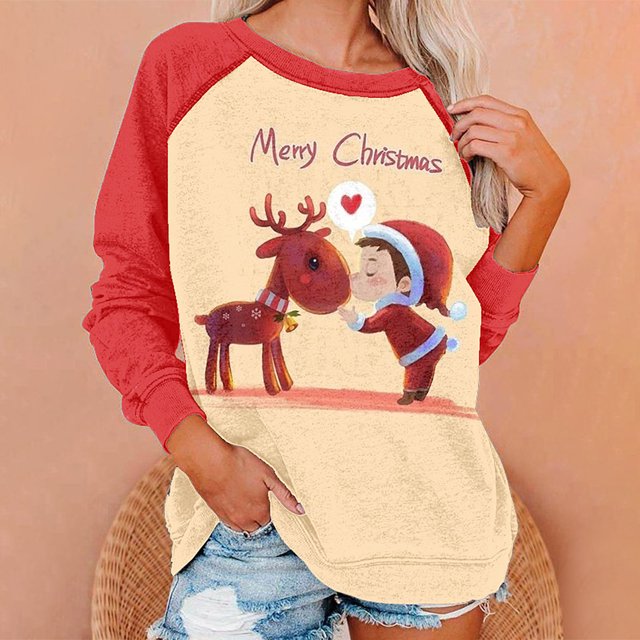 2023 Chandails de Noël pour Femmes en Liquidation Mode Chandail de Noël Imprimé Blouse à Manches Longues Col Rond Chandail Décontracté Hauts Chandails