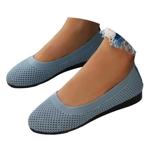 Dakaela Ballerines pour Femmes à Bout Rond en Tricot à Enfiler Ballerines de Marche Mocassins à Petit Talon Compensé Bleu 7