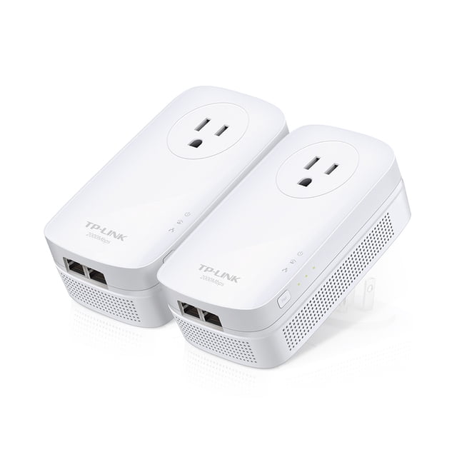 The TL-PA9020P KIT by TP-Link, a multicolour powerline adapter kit featuring advanced HomePlug AV2 MIMO technology for superior network performance. Includes two gigabit ports, integrated power sockets, and a patented power-saving mode. Designed for plug-and-play setup, it supports lag-free connections for seamless online activities.