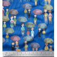 thumbnail image 2 of Soimoi Blue Rayon Crepe Fabric Monsoon Theme Human Figure Printed Fabric 1 Yard 46 Inch Wide, 2 of 5