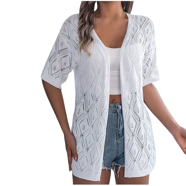 Timegard Womens Summer Tops Short Sleeve Hollow out Cover up Boho Open Front Knitted Cardigan Beach Wear