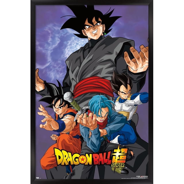 Dragon Ball : Super - Affiche Murale de Méchant, 22,375 Po x 34 Po Représentant Quatre Personnages Dragon Ball Super dans des poses d'Action Dynamiques sur un Fond Nuageux Violet. le Plus Grand Personnage Porte une Tenue Gris Foncé avec une Ceinture Rouge et une Boucle d'Oreille Verte, Debout derrière Trois Autres : un dans un gi orange, un avec des Cheveux Bleus Tenant une Épée, et un en Armure Bleue et Blanche. le logo Dragon Ball Super Est au Centre Inférieur.