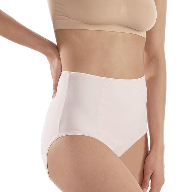 Secret Cotton Shaping Brief 2pk in light beige, shown on a model from waist to mid-thigh in a 3/4 profile. This high-waisted shaping panty offers medium control with targeted panel seams that smooth the tummy and hips, featuring a cotton-lined gusset for comfort. Suitable as everyday shapewear for a smooth silhouette under clothing.