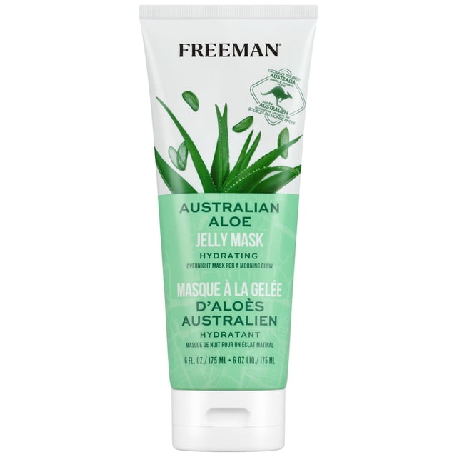 Freeman Exotic Australian Aloe Jelly Mask in a 175 ml white and green squeeze tube with aloe plant graphics, hydrating overnight face mask that soothes and moisturizes skin for a smoother, radiant complexion, suitable for all skin types and ideal for minimizing pores and calming stressed skin.
