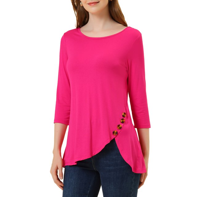 INSPIRE CHIC Hauts pour Femmes Col Rond Manches 3/4 Décor Boutons Ourlet Irrégulier Blouse Style Décontracté 3TG Rose Vif