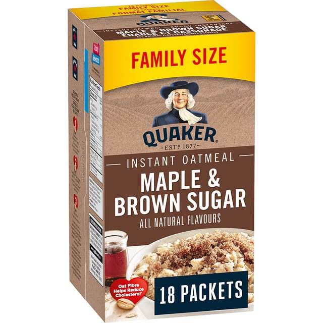 Quaker Maple & Brown Sugar Flavour Instant Oatmeal family size box with 18 packets, featuring brown and yellow packaging, highlighting all natural flavours and oat fibre benefits, showing a bowl of oatmeal topped with brown sugar and a small jar of maple syrup.