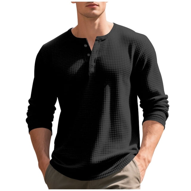 fatyb Casual Shirts for Men Long Sleeve Tshirts Button Pullover Solid Color Mens Lightweight Tee Tops