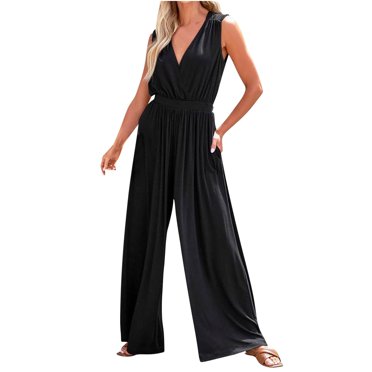 Moins de 10, Combinaison Sans Manches à Encolure Enveloppée Élégante, Combinaison Décontractée Chic, Tenue pour Femmes, Polyvalente, Fête/festival, Ajustement Confortable, Matériau Extensible Pratique et Élégant/95 % Polyester, 5 % Spandex, Noir