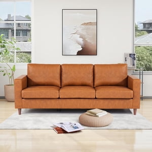85" Leather Sofa, Mid-Century Modern Couch, 3-Seater Sofa, Deep Seat Sofas for Living Room, Bedroom, Office
