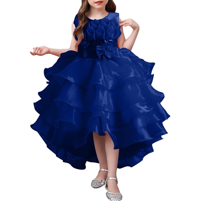 XDZJLR Girl Dresses Children'S Solid Color Irregular Mesh Lace Knee Length Trailing Wedding Puffy Princess Clothing