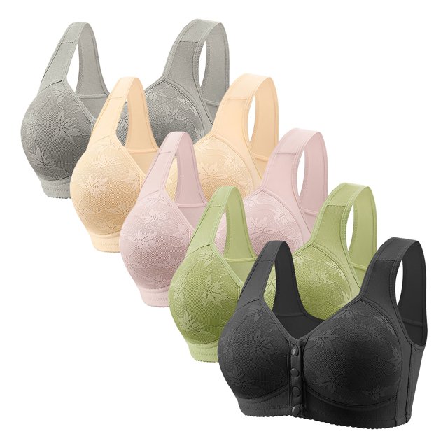 Amzcrzy 5PC Wireless Bras Comfortable Everyday Plus Size Bras Breathable Solid Color Front Closure Bras Supportive Push Up Bras 36