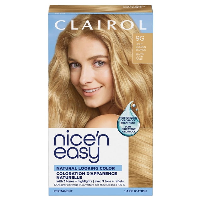 Clairol Nice'n Easy Boîte de Teinture Capillaire Permanente, carton Centré pour l'Avant Montrant le Nom du Produit et la Marque Nice'n Easy; notes de Copie Visibles Crème Colorante Permanente à 3 Tons, lotion Activatrice de Couleur et Revitalisant ColorSeal Inclus; Fond Blanc; Souvent Utilisé pour Garder des Échantillons Assortis pour les Retouches.