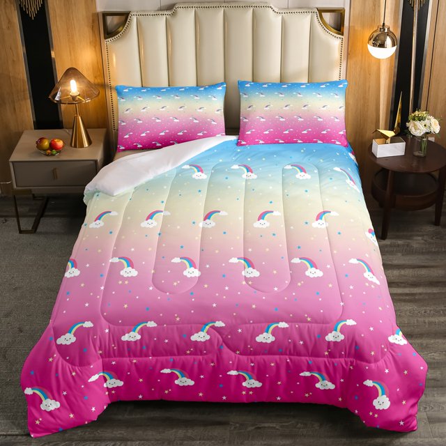 YST Rainbow Bedding Sets for Girls, Gradient Stars Cloud Comforter Set, Blue Pink Down Comforter 3 Pcs, Queen Size