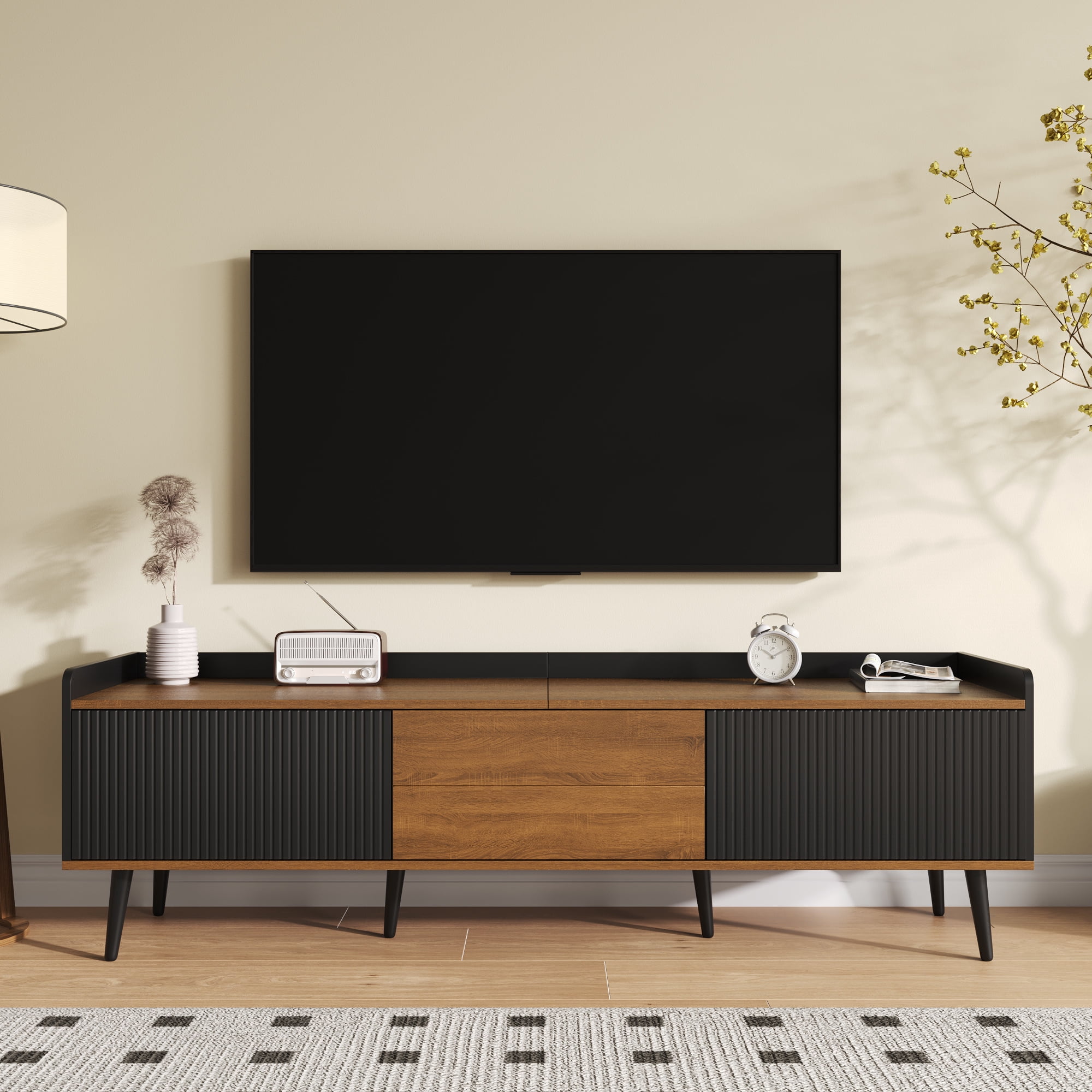 Noble House Meuble TV, Planche Basse avec Trois Portes, texture Fine. Noir