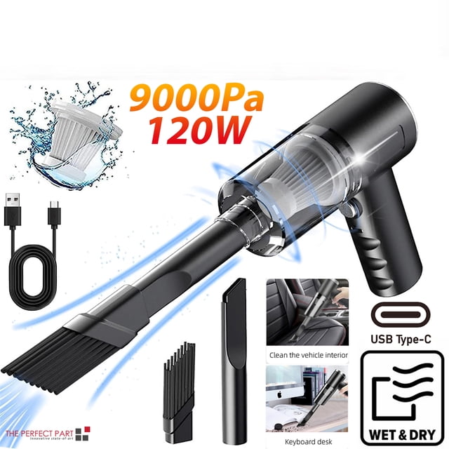 Portable Car Vacuum Cleaner 9000Pa Powerful Handheld Vacuum Cordless 120W High Power USB Rechargeable For Car Home. The black ABS handheld vacuum features a compact design with a 120W copper core motor delivering 9000Pa suction power. Includes a HEPA washable filter, USB Type-C charging cable, brush nozzle, slit nozzle, and manual. Suitable for cleaning cars, desktops, and hard-to-reach areas. Lightweight at less than 0.30kg with a 2000mAh rechargeable battery providing 20-30 minutes of runtime.
