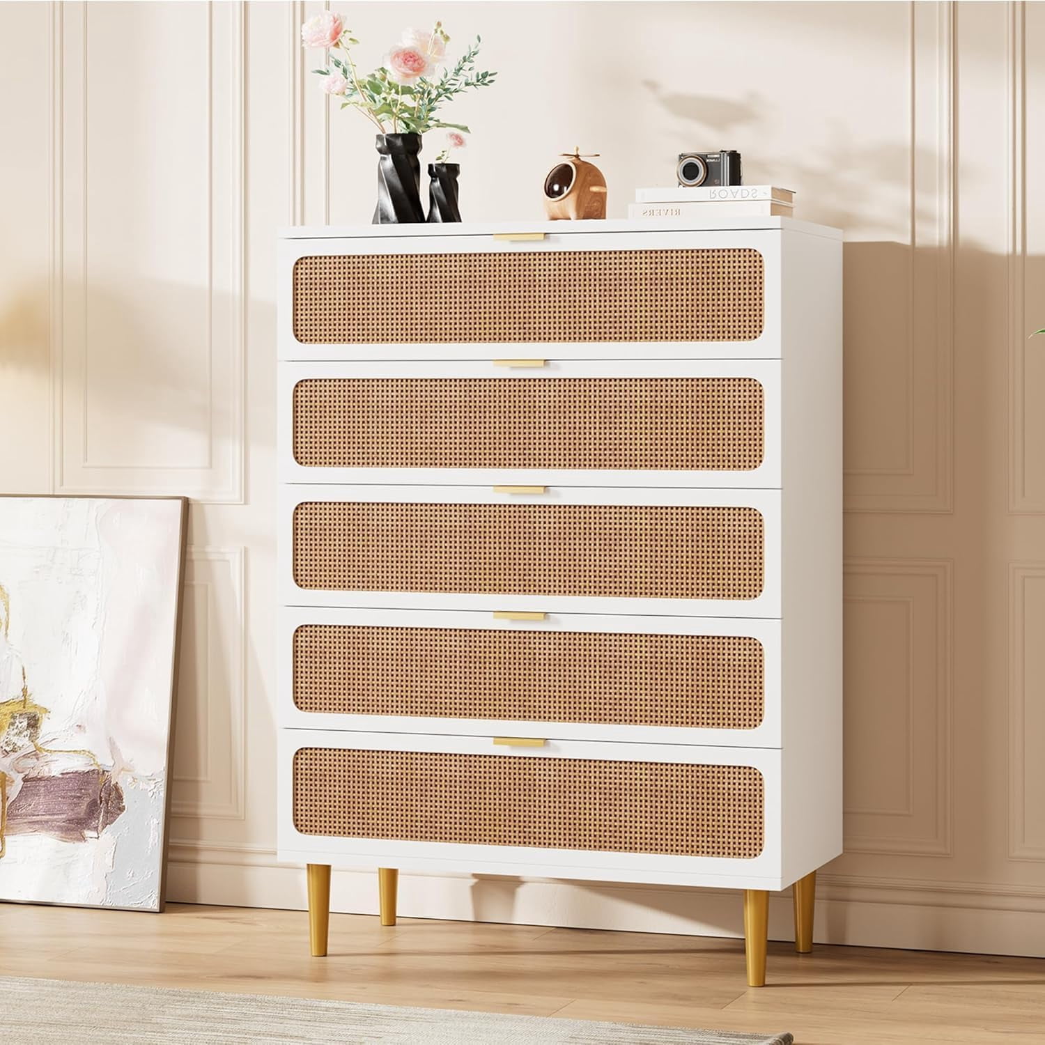 Rattan 5 Drawer Dresser for Bedroom, Chest of Drawers with Deep Drawers, Large Double Dresser for Closet with Wide Top, Tall Wooden Dresser for Living Room, Hallway, Kids Room, White
