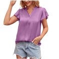 thumbnail image 1 of Women's V Neck Blouse Short Ruffle Sleeve Ladies Work Shirts Solid Color Casual Comfy Summer Tops Office Blouses Tunics, 1 of 5
