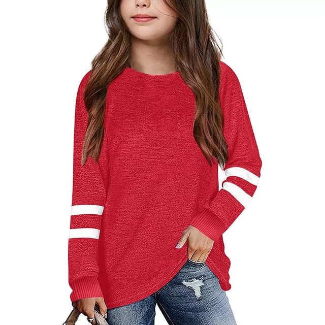 T-Shirts pour Enfants T-Shirt Rouge à Manches Longues pour Filles T-Shirts à Col Rond Hauts d'Automne Tees Comfort Colors Chemises pour Filles Taille 6-7 Ans